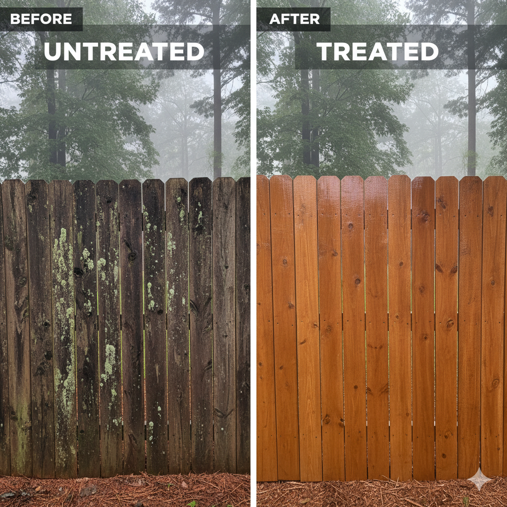 Before and after comparison of humidity damage on untreated vs treated wood fence