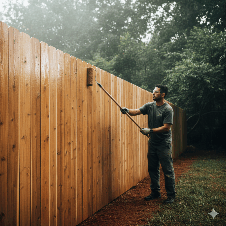 Wood fence with protective sealant being applied in humid Georgia climate
