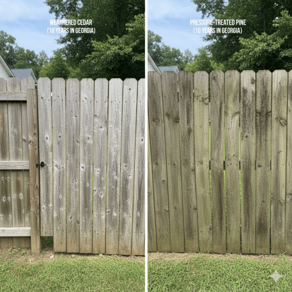 Side-by-side comparison of weathered cedar fence and pressure-treated fence after 10 years in Georgia climate