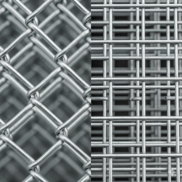 Diamond pattern chain link mesh compared to square pattern chain link mesh showing structural differences