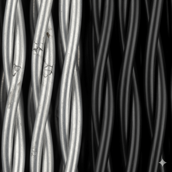 Close-up view showing the difference between black vinyl coating and galvanized zinc coating on chain link fence material