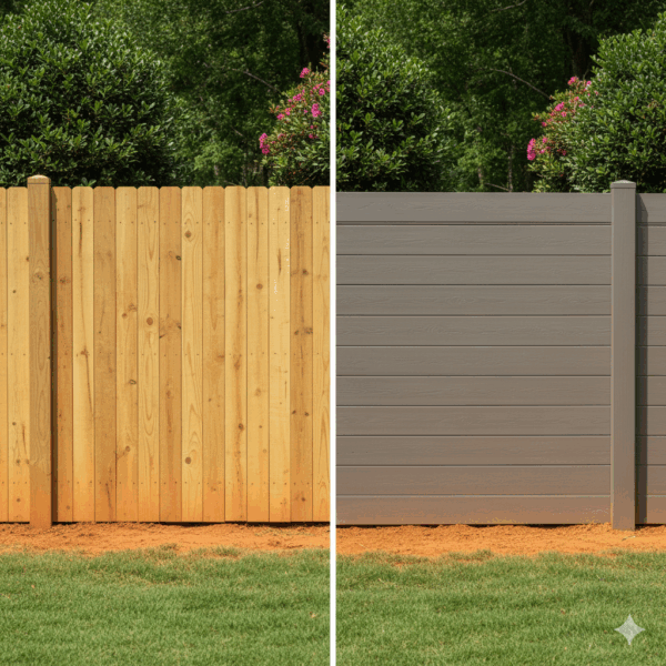 Side-by-side comparison of natural wood fence and composite fence installation in Georgia backyard with red clay soil visible