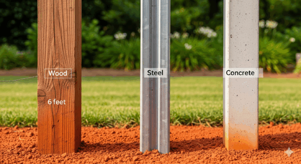 Side-by-side comparison of wood, steel, and concrete fence posts installed in Georgia red clay soil