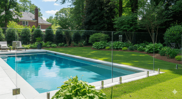Frameless tempered glass fence panels installed around residential swimming pool in Atlanta Georgia with blue water and landscaping