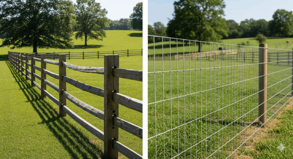 Split rail fence and farm wire fence side by side on rural Georgia property showing livestock containment differences