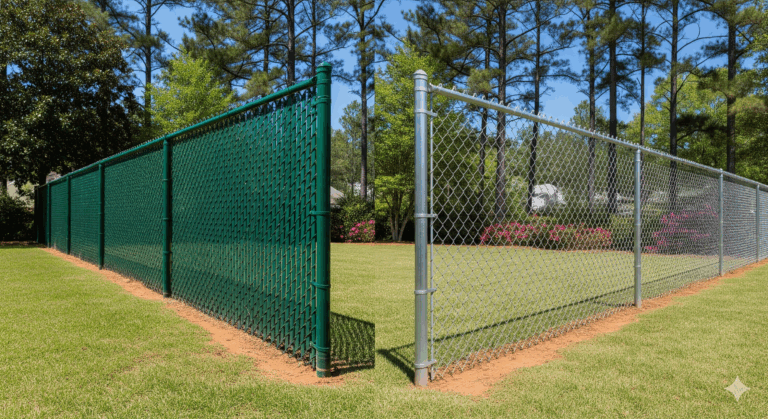 Side-by-side comparison of vinyl-coated and galvanized chain link fencing installed in Georgia residential property