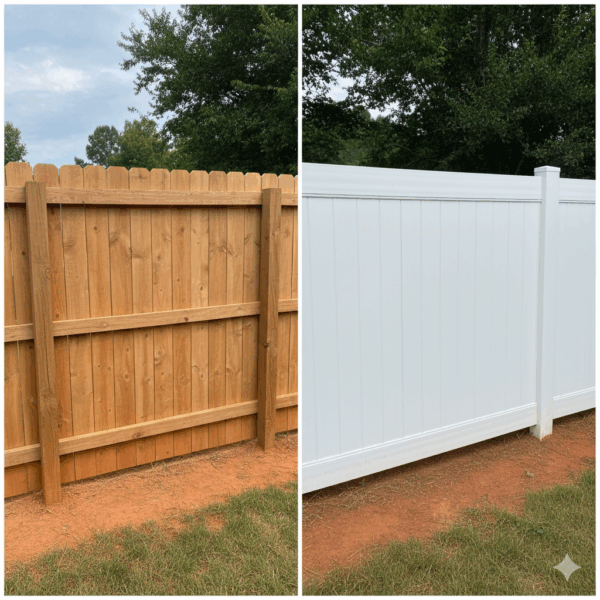 Split image showing cedar wood fence on left and white vinyl fence on right in Georgia backyard with red clay soil visible